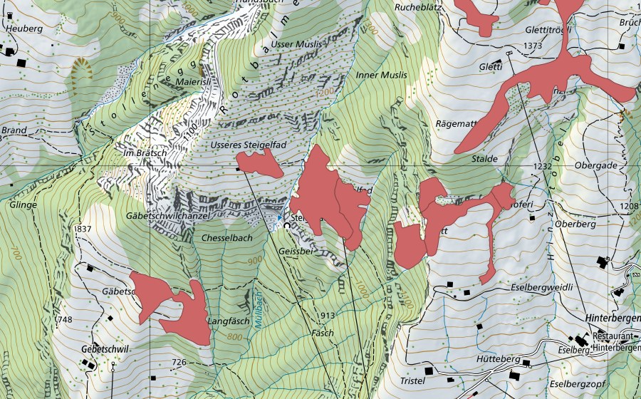 Carte nationale swisstopo avec le périmètre protégé de Dossen (Prairie sèche)