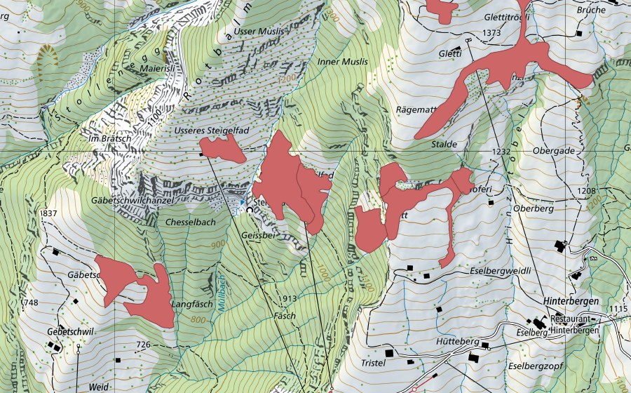 Landeskarte swisstopo mit dem Schutzperimeter von Dossen (Trockenwiese)