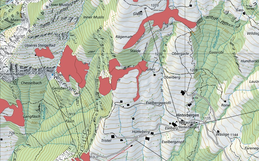 Landeskarte swisstopo mit dem Schutzperimeter von Dossen (Trockenwiese)