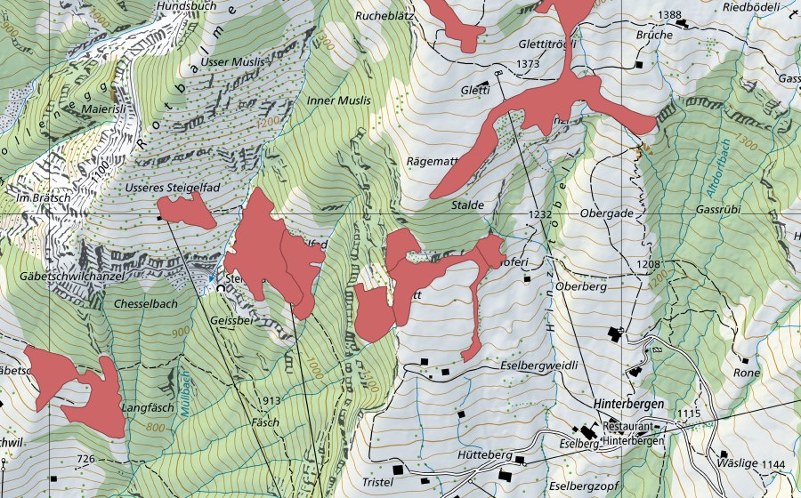 Landeskarte swisstopo mit dem Schutzperimeter von Dossen (Trockenwiese)