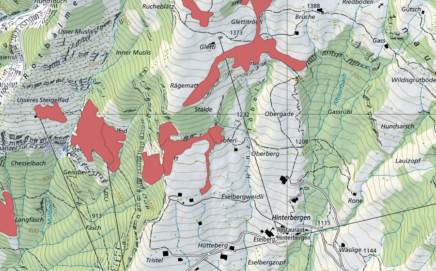 Carte nationale swisstopo avec le périmètre protégé de Dossen (Prairie sèche)