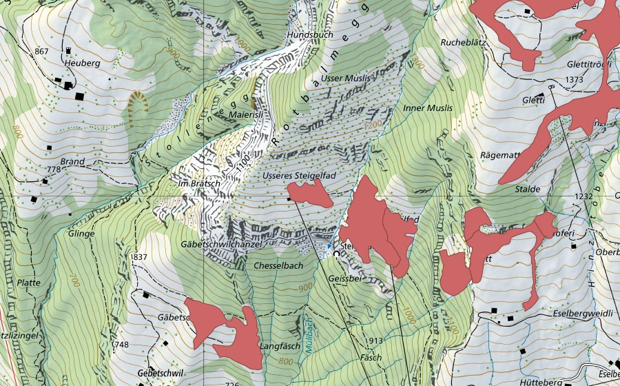 Landeskarte swisstopo mit dem Schutzperimeter von Dossen (Trockenwiese)