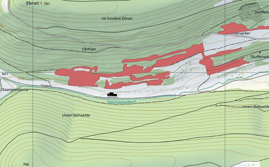 swisstopo national map showing the protected perimeter of Dostental (Dry meadow)
