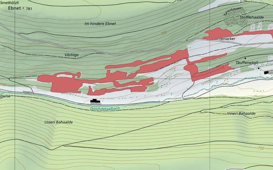 Carte nationale swisstopo avec le périmètre protégé de Dostental (Prairie sèche)