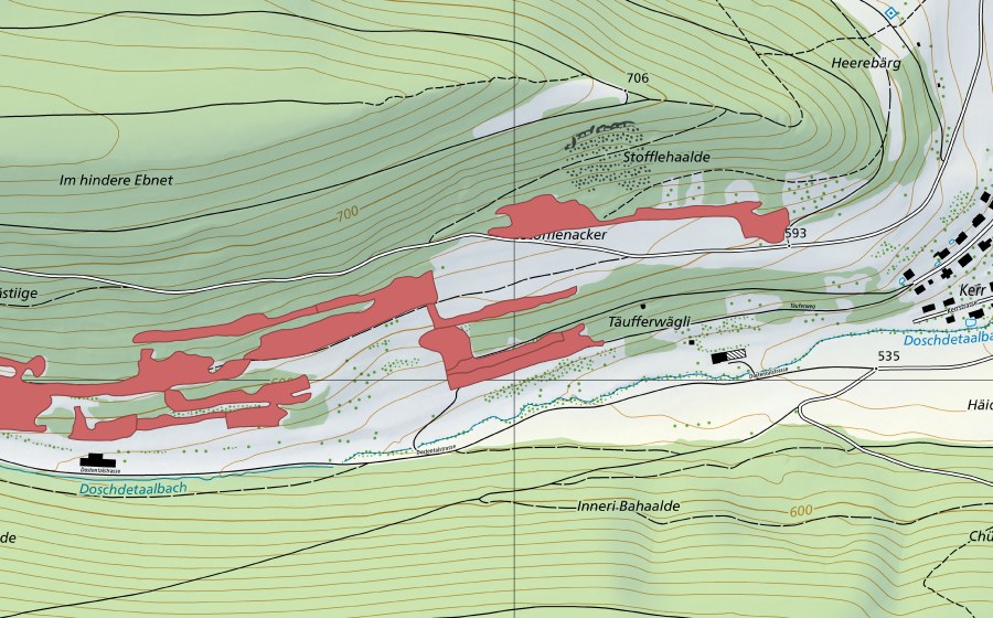 Landeskarte swisstopo mit dem Schutzperimeter von Dostental (Trockenwiese)