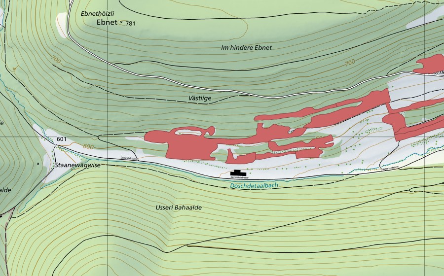 Landeskarte swisstopo mit dem Schutzperimeter von Dostental (Trockenwiese)