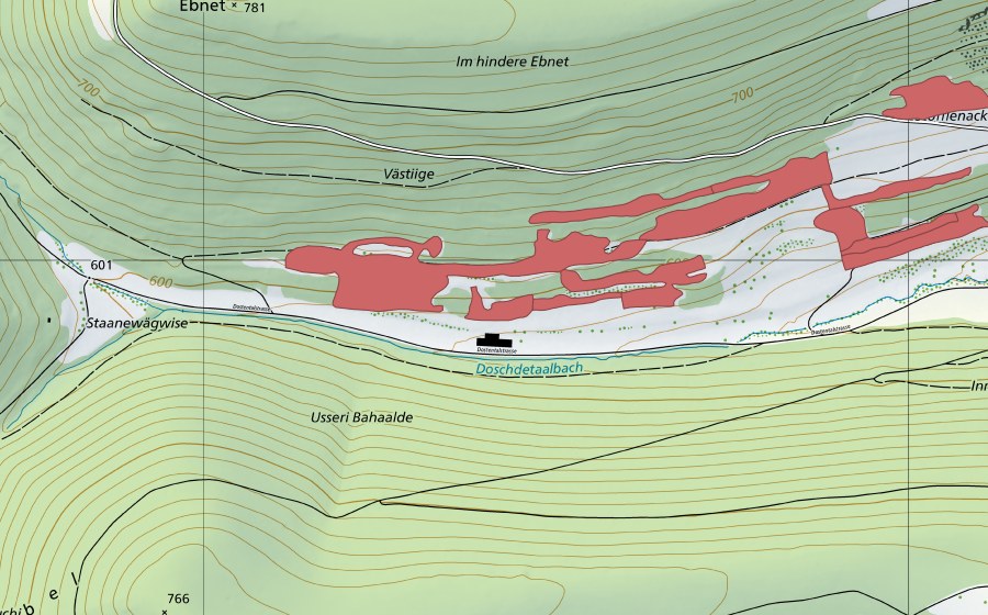 Carte nationale swisstopo avec le périmètre protégé de Dostental (Prairie sèche)
