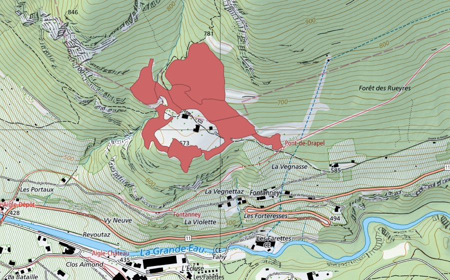 Landeskarte swisstopo mit dem Schutzperimeter von Drapel (Trockenwiese)