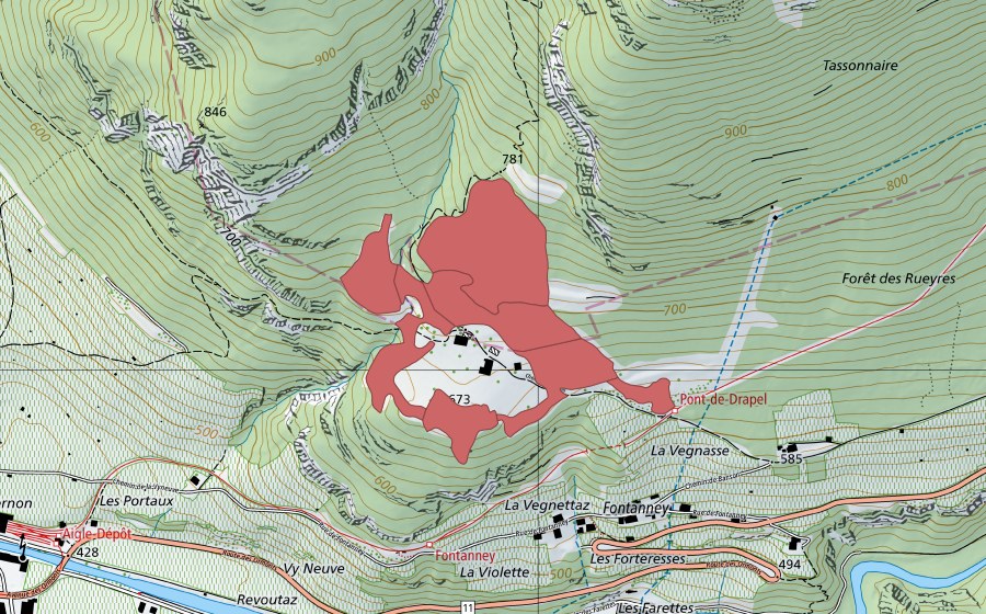 swisstopo national map showing the protected perimeter of Drapel (Dry meadow)
