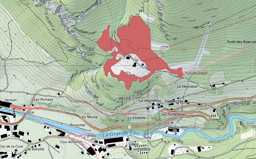 Landeskarte swisstopo mit dem Schutzperimeter von Drapel (Trockenwiese)
