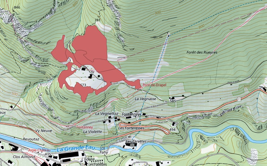 Carte nationale swisstopo avec le périmètre protégé de Drapel (Prairie sèche)