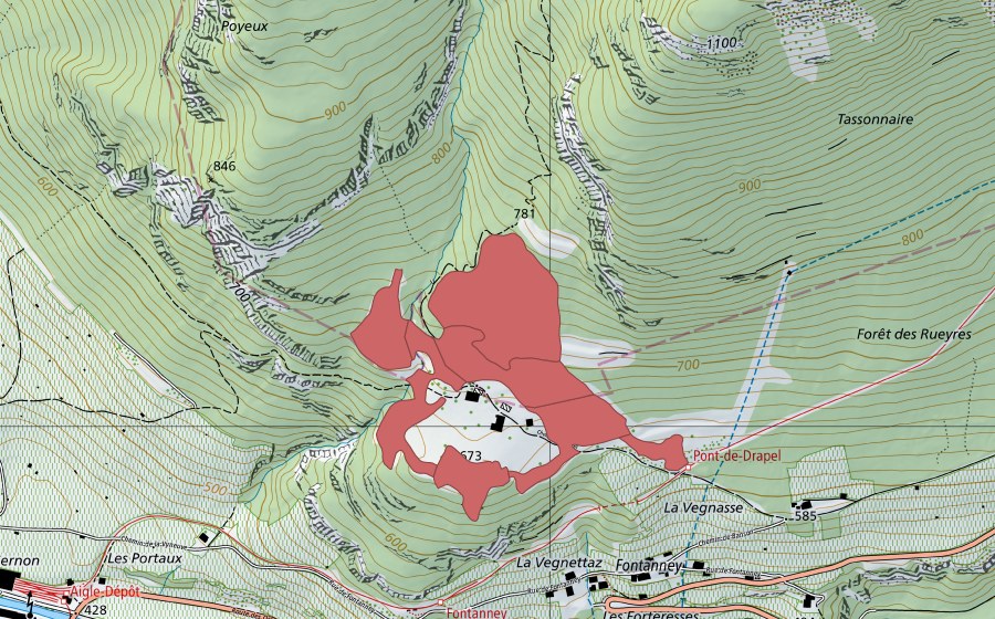Landeskarte swisstopo mit dem Schutzperimeter von Drapel (Trockenwiese)