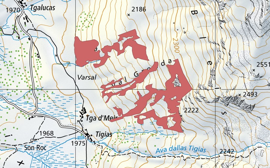 Carte nationale swisstopo avec le périmètre protégé de Drosa (Prairie sèche)