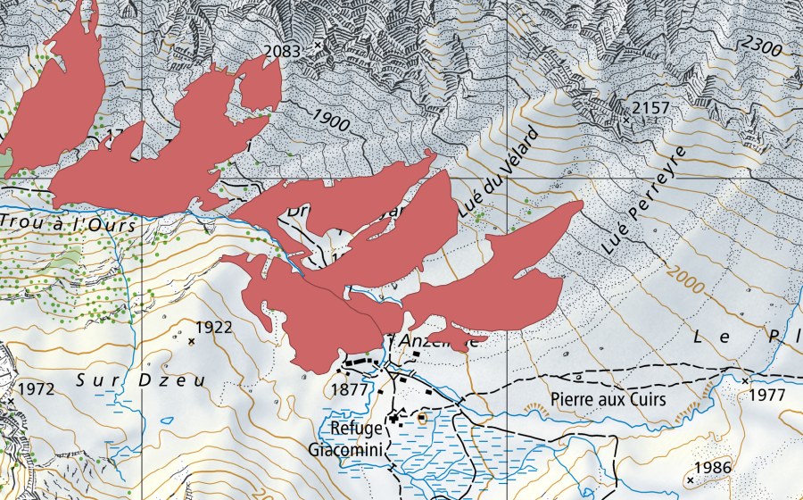Landeskarte swisstopo mit dem Schutzperimeter von Dru aux Boyards (Trockenwiese)
