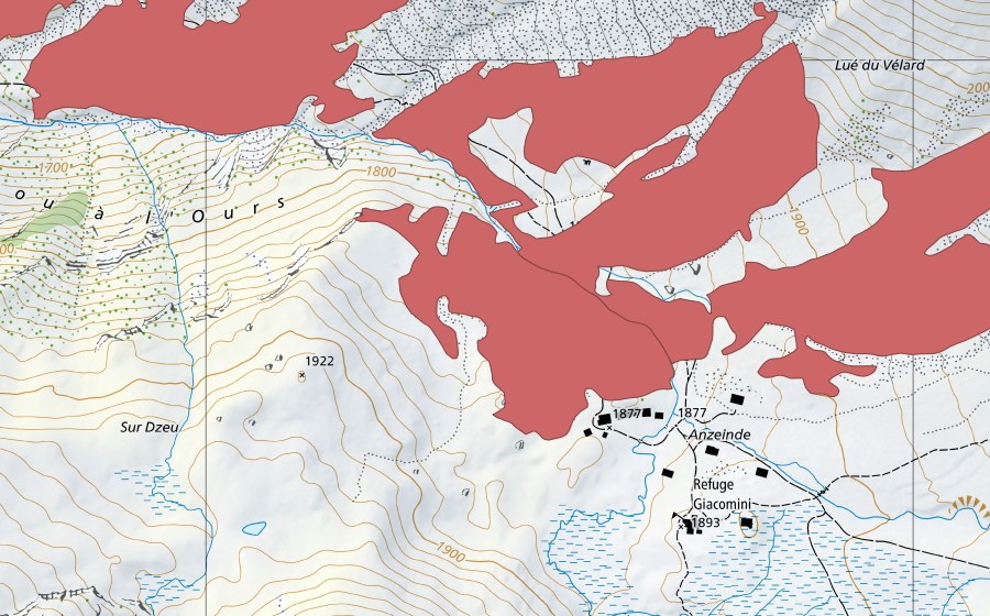 Landeskarte swisstopo mit dem Schutzperimeter von Dru aux Boyards (Trockenwiese)
