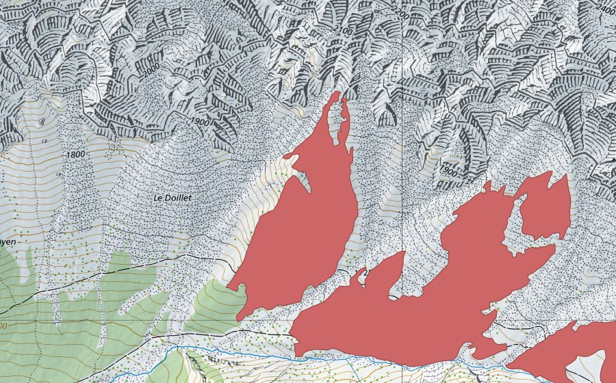 Carte nationale swisstopo avec le périmètre protégé de Dru aux Boyards (Prairie sèche)