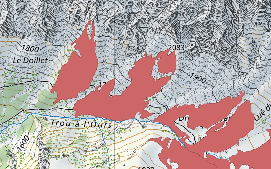 Landeskarte swisstopo mit dem Schutzperimeter von Dru aux Boyards (Trockenwiese)