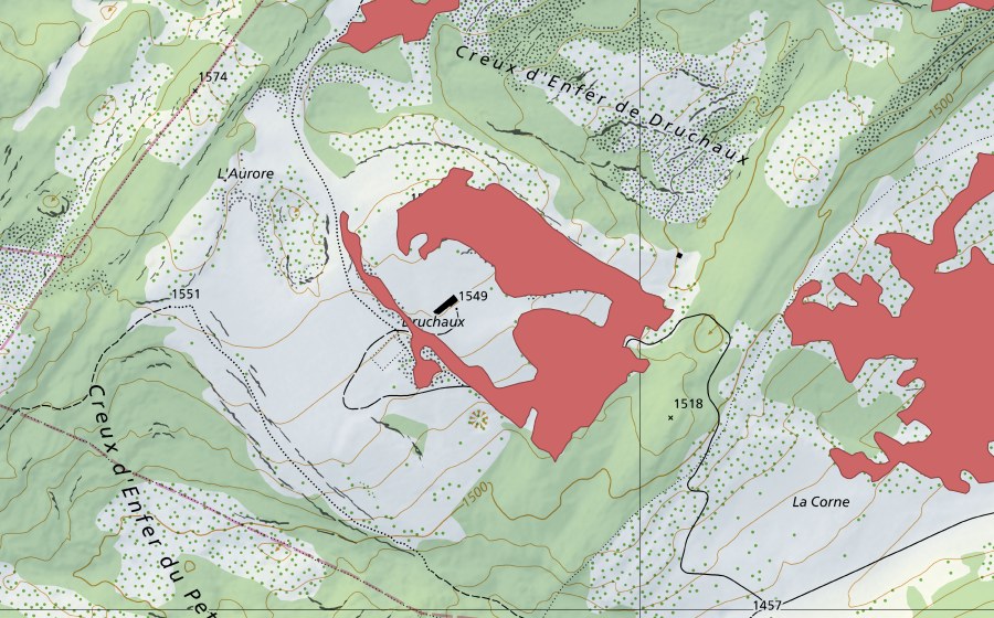 Carte nationale swisstopo avec le périmètre protégé de Druchaux (Prairie sèche)