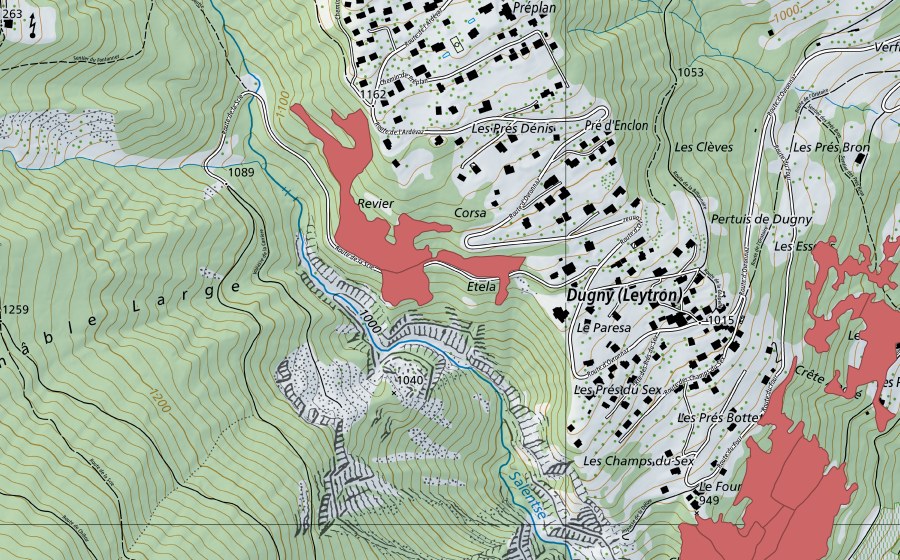 Carte nationale swisstopo avec le périmètre protégé de Dugny (Prairie sèche)