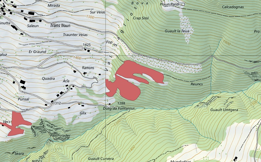 swisstopo national map showing the protected perimeter of Dutg da Fontanius (Dry meadow)