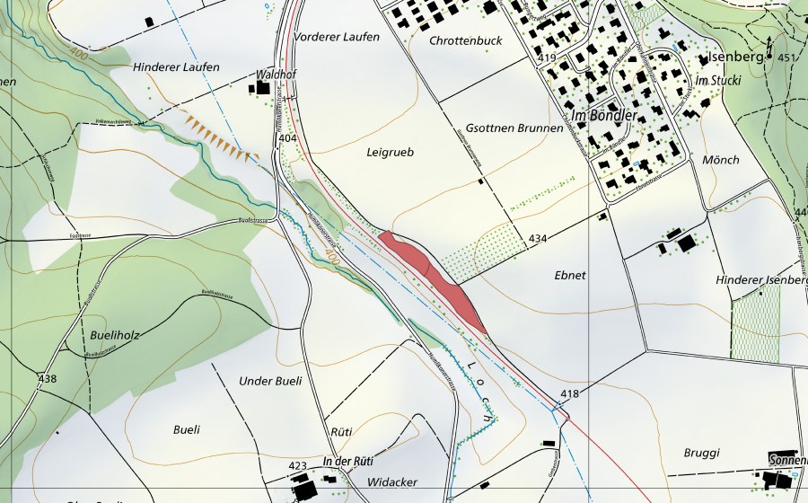 Carte nationale swisstopo avec le périmètre protégé de Ebnet (Prairie sèche)