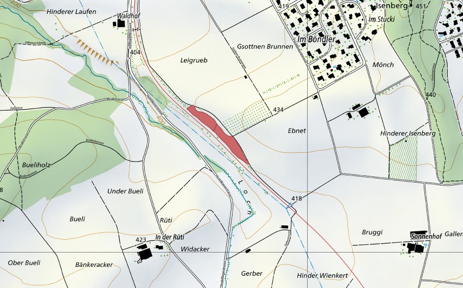 swisstopo national map showing the protected perimeter of Ebnet (Dry meadow)
