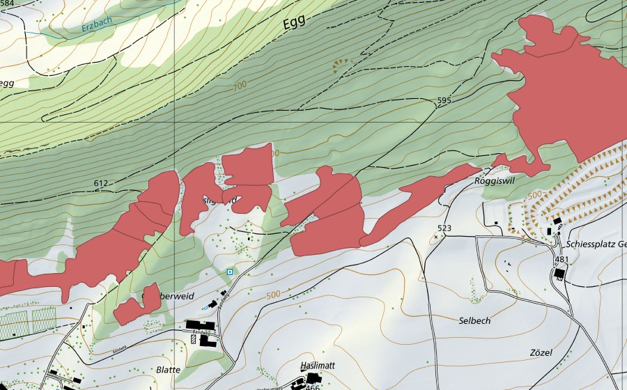 Carte nationale swisstopo avec le périmètre protégé de Egg (Prairie sèche)