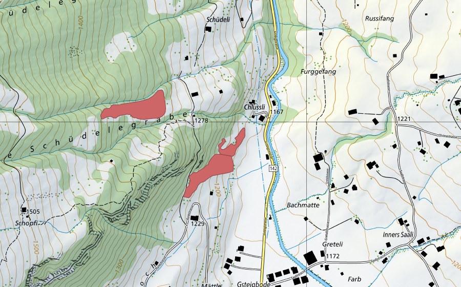 Landeskarte swisstopo mit dem Schutzperimeter von Egg (Trockenwiese)