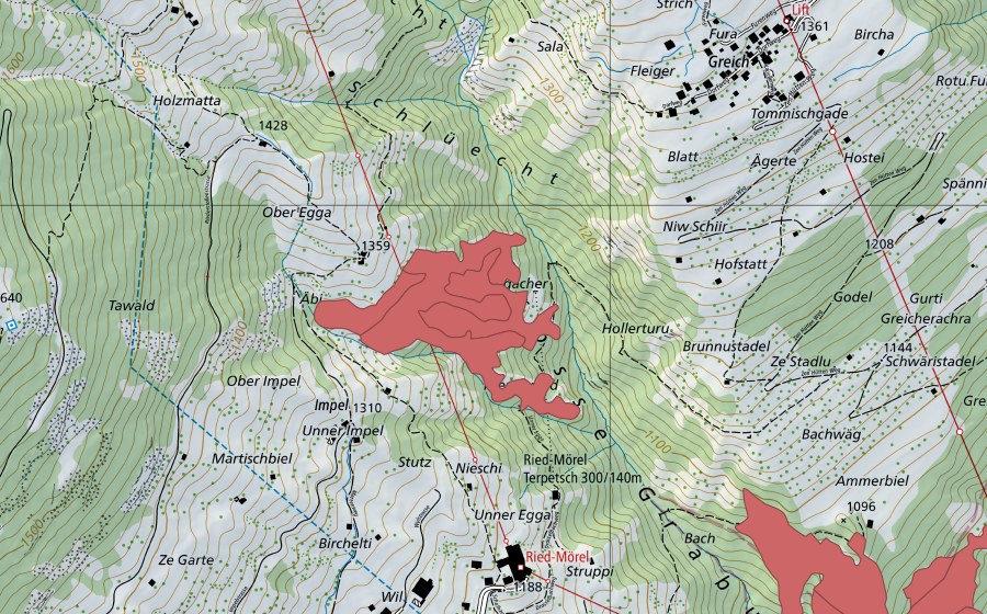 Carte nationale swisstopo avec le périmètre protégé de Egga (Prairie sèche)