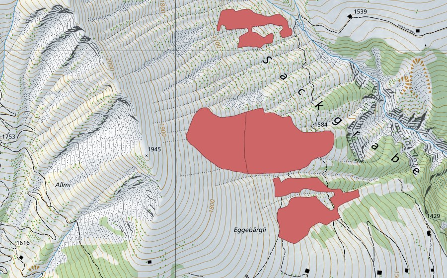 Landeskarte swisstopo mit dem Schutzperimeter von Eggebärgli (Trockenwiese)