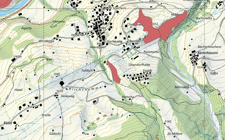 Carte nationale swisstopo avec le périmètre protégé de Eggelti (Prairie sèche)