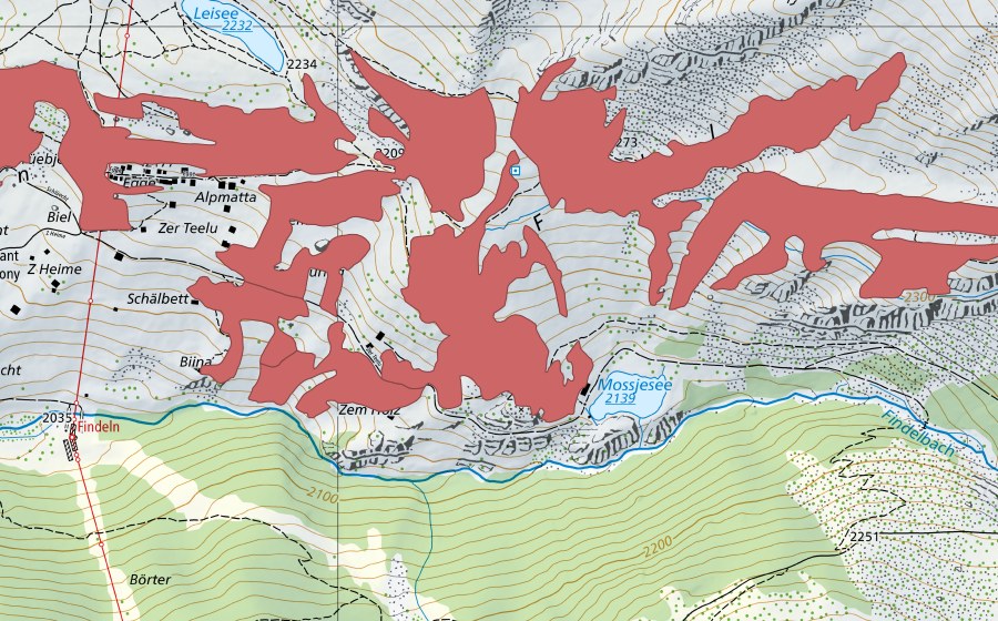 Carte nationale swisstopo avec le périmètre protégé de Eggen (Prairie sèche)