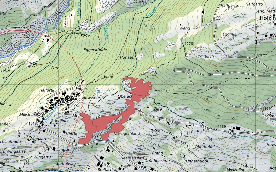 Carte nationale swisstopo avec le périmètre protégé de Eggen (Prairie sèche)