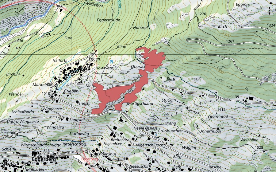 Carte nationale swisstopo avec le périmètre protégé de Eggen (Prairie sèche)