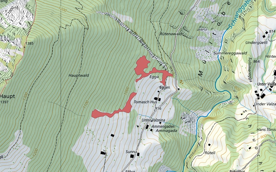 Landeskarte swisstopo mit dem Schutzperimeter von Eggen (Trockenwiese)