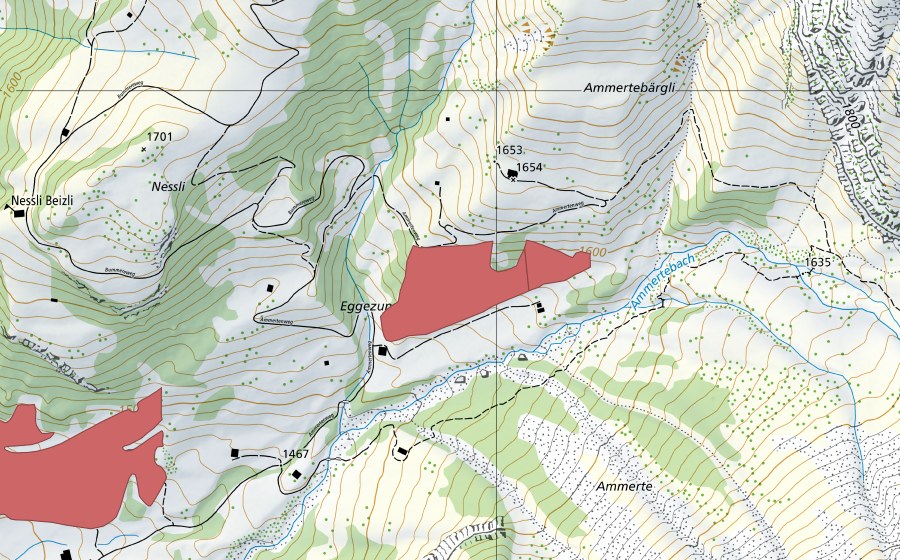 Landeskarte swisstopo mit dem Schutzperimeter von Eggezun (Trockenwiese)