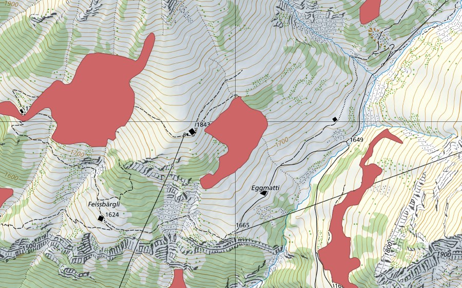 swisstopo national map showing the protected perimeter of Eggmatti (Dry meadow)