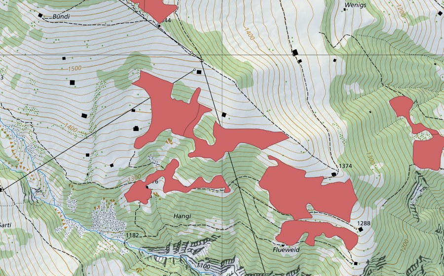 Carte nationale swisstopo avec le périmètre protégé de Eggweid (Prairie sèche)