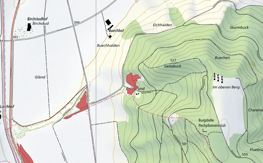 Carte nationale swisstopo avec le périmètre protégé de Eglisgrund (Prairie sèche)