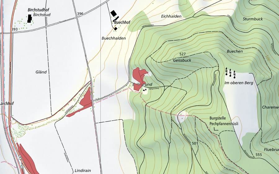 Carte nationale swisstopo avec le périmètre protégé de Eglisgrund (Prairie sèche)