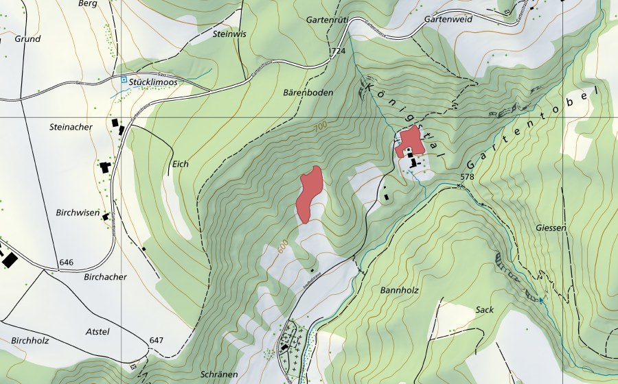 Landeskarte swisstopo mit dem Schutzperimeter von Eich Köngistal (Trockenwiese)