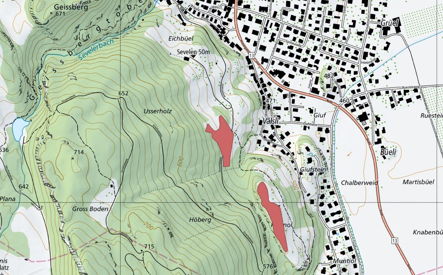 Landeskarte swisstopo mit dem Schutzperimeter von Eichbühl (Trockenwiese)