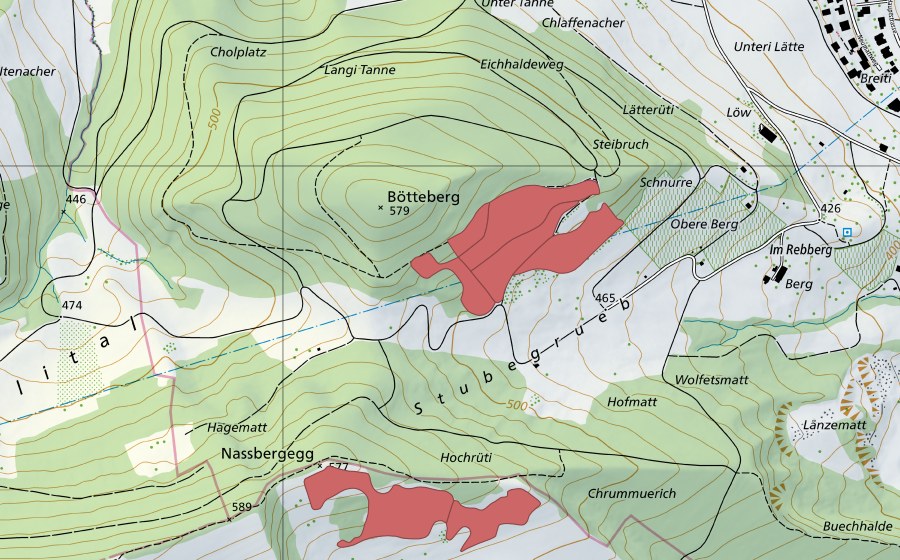 Carte nationale swisstopo avec le périmètre protégé de Eichhalden (Prairie sèche)