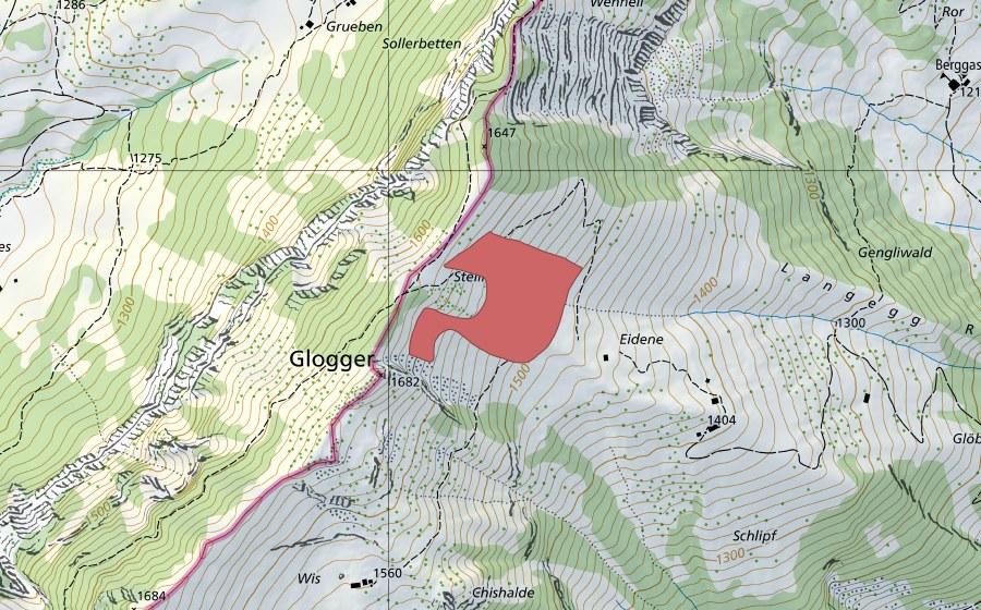 Landeskarte swisstopo mit dem Schutzperimeter von Eidenen (Trockenwiese)