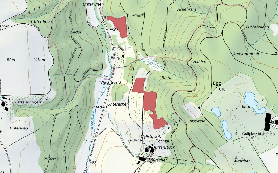swisstopo national map showing the protected perimeter of Eigental (Dry meadow)