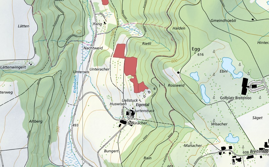 Landeskarte swisstopo mit dem Schutzperimeter von Eigental (Trockenwiese)