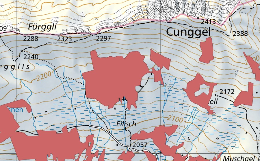 Carte nationale swisstopo avec le périmètre protégé de Eilisch (Prairie sèche)
