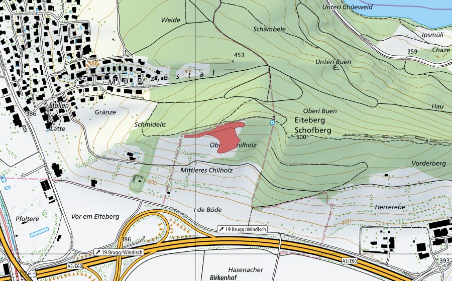 Carte nationale swisstopo avec le périmètre protégé de Eiteberg (Prairie sèche)
