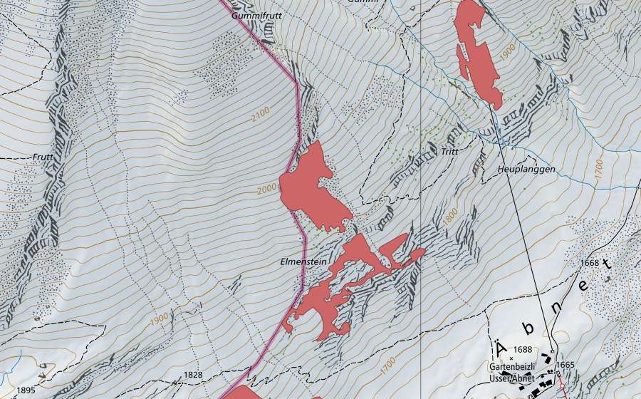 Carte nationale swisstopo avec le périmètre protégé de Elmenstein (Prairie sèche)