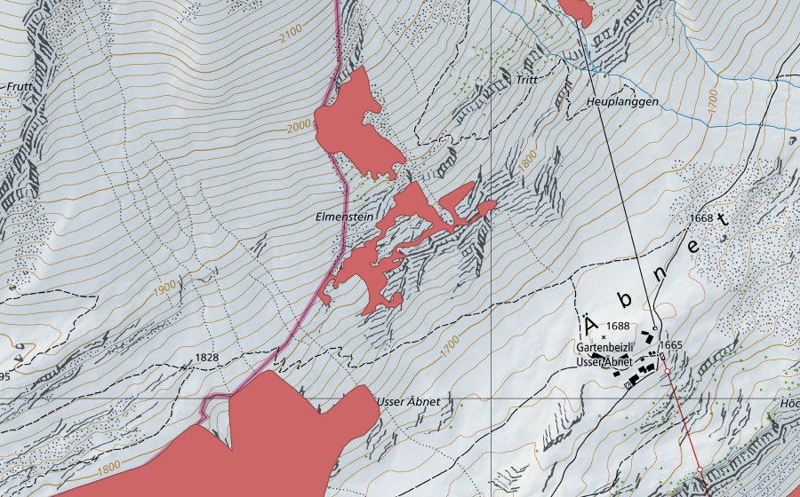 Carte nationale swisstopo avec le périmètre protégé de Elmenstein (Prairie sèche)